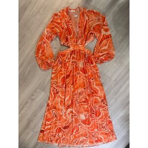 Steps New York Orange Abstract Print Maxi Dress Cutout Long Sleeve Boho Women M